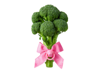 Green broccoli florets tied with pink ribbon and pacifier vegetable food, Isolated, Png Transparent Background
