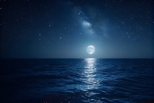 Majestic full moon rising over tranquil ocean waters under a starlit sky creating a serene nightscape