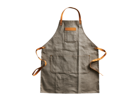 Grey canvas apron with leather straps and pockets brown, Isolated, Png Transparent Background