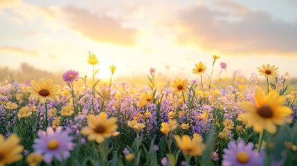 Obraz premium Sunrise over a colorful flower field. Possible use Stock photo for nature, spring, summer