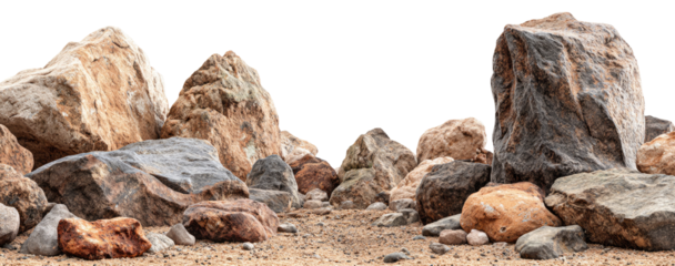 A panoramic view of various sized rocks, displaying varied textures and colors, set against a sandy backdrop