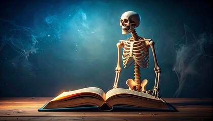 A skeletal figure peruses an antique book on a wooden table, bathed in ethereal light and smoke