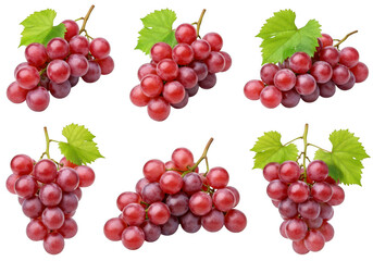 Six bunches of fresh ripe red grapes with green leaves isolated on transparent background