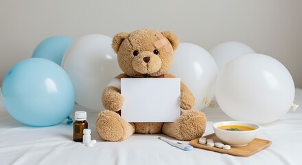 Teddy Bear with Balloons, Gift Card, and Healing Tray – Cheerful Get Well Soon Concept for Kids