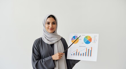 A confident businesswoman in a hijab presents financial data using a pointer, showcasing charts and graphs for a successful business presentation.