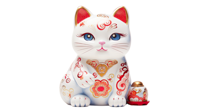 hand drawn white Maneki Neko lucky cat watercolor on white background