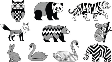 Geometric animal vector set black and white illustration wildlife design elements zoo art