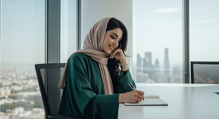 A young woman in a hijab sits at a desk in a modern , thoughtfully writing in a notebook while looking out at the city skyline.