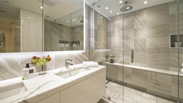 Modern bathroom with sleek design, featuring a spacious shower and elegant fixtures, perfect for luxury homes.
