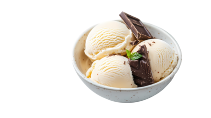 Close up of vanilla ice cream scoops with chocolate pieces isolated on white background