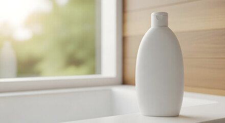 Sleek white bottle with flip-top cap sits on a clean surface near a window with greenery