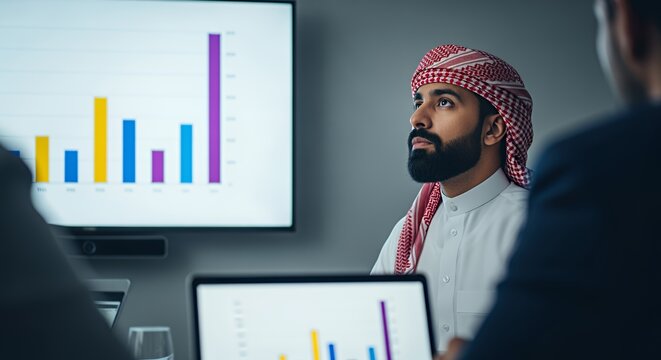 A thoughtful businessman in traditional Middle Eastern attire contemplates financial data displayed on a screen during a meeting.