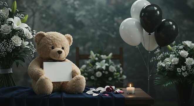 Elegant Get Well Soon Gift Card with Teddy Bear, Balloons, and White Flowers – Recovery Inspiration - Powered by Adobe