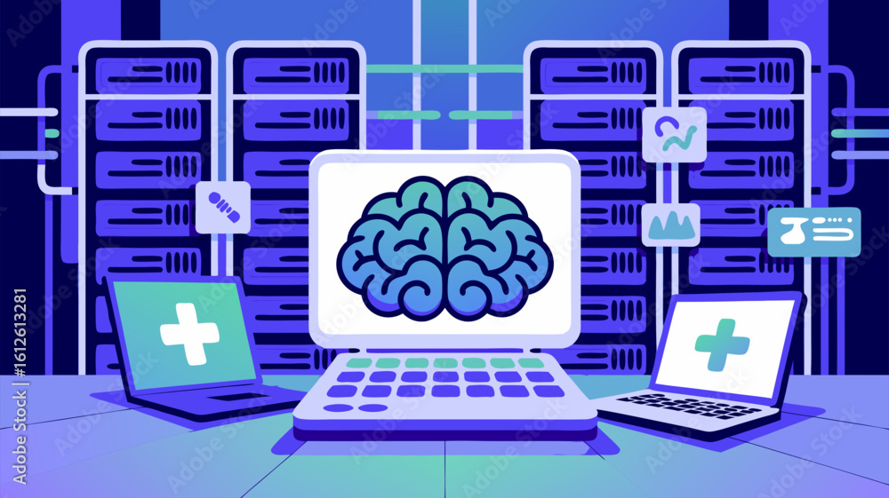 Poster illustration of medical data processing and ai technology with computer servers