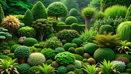 Lush verdant garden with meticulously sculpted greenery and varied plant textures