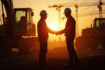 Silhouette of Construction Workers Shaking Hands at Sunrise Job Site
