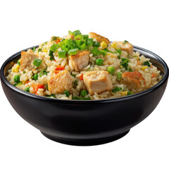 Delicious chicken fried rice with vegetables in a bowl isolated on transparent background