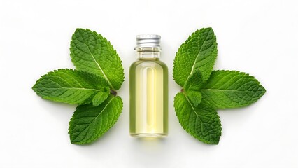 glass bottle of essential oil surrounded by fresh green peppermint  leaves