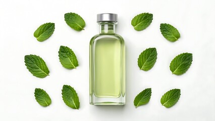Clear glass bottle of green liquid surrounded by fresh peppermint leaves