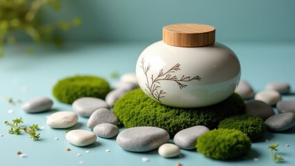 Decorative white ceramic jar with wooden lid resting on moss and stones.