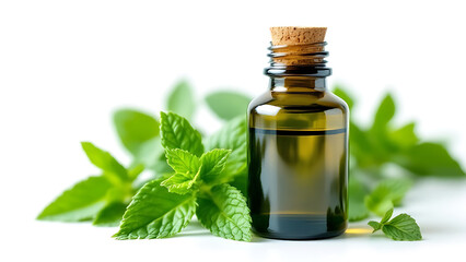 Glass bottle of essential oil with fresh peppermint  leaves