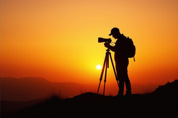 Silhouette of Photographer Adjusting Tripod on Hilltop at Sunrise