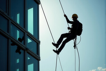 Silhouette of Window Cleaner on Ropes Against Glass Building