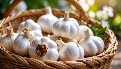 A wicker basket overflowing with whole, bulbous garlic cloves, sits outdoors in soft sunlight