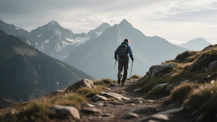 A lone hiker ascends a rocky mountain trail under a vast, cloudy sky.