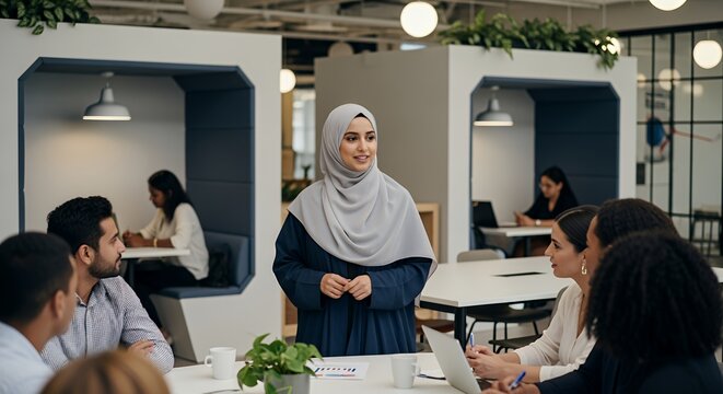 A woman in a hijab confidently leads a diverse team meeting in a modern, open-plan space, showcasing collaboration and inclusivity.