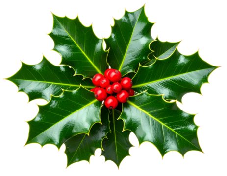 Realistic Holly Leaves and Red Berries Cluster, Top View, Transparent Background PNG
