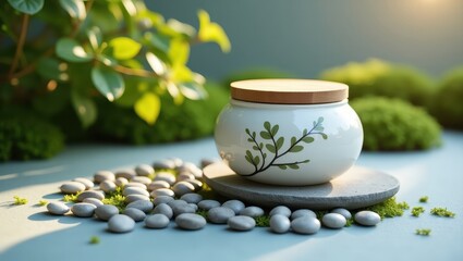 Decorative white ceramic jar with wooden lid and green leaf design sits on a stone coaster amidst pebbles and moss.