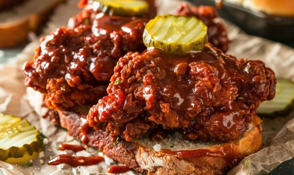 Nashville hot chicken sandwich with spicy sauce and pickles on bread