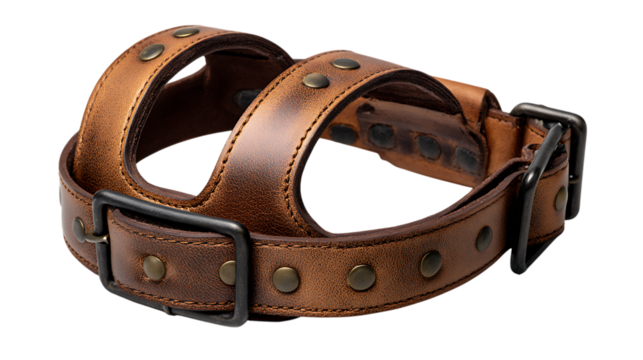 Brown leather belt with studs isolated on transparent background
