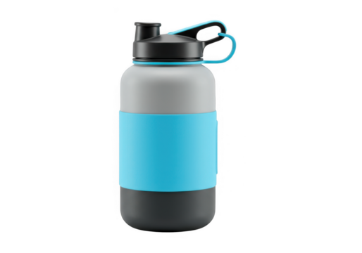 Modern reusable water bottle with blue grip and black cap isolated on transparent background