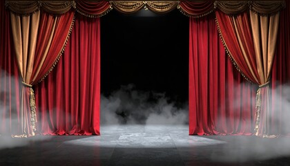 A stage with red velvet curtains slightly parted, revealing a smoky, dark stage floor