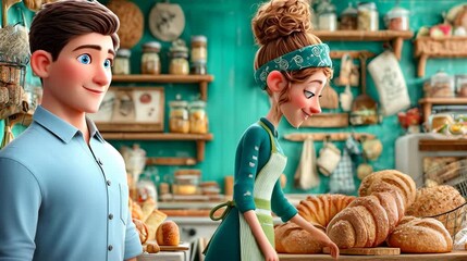 Friendly bakers smiling in a colorful bakery with fresh pastries