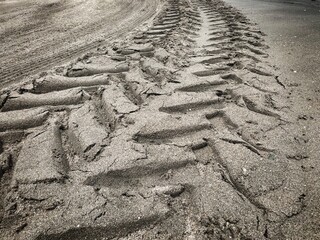 Wheel tracks on the soil.