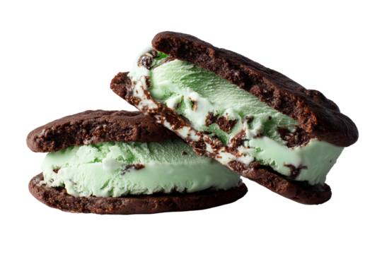 Rich bittersweet mint ice cream layered between two double dark chocolate fudge cookies, isolated PNG-style transparent background perfect for versatile cutout design