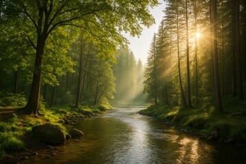 Obraz premium Serena paisagem de floresta com rio e raios de sol em alta resolução