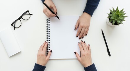 Two women collaborate on a blank notepad, brainstorming ideas and planning a project together in a bright workspace.