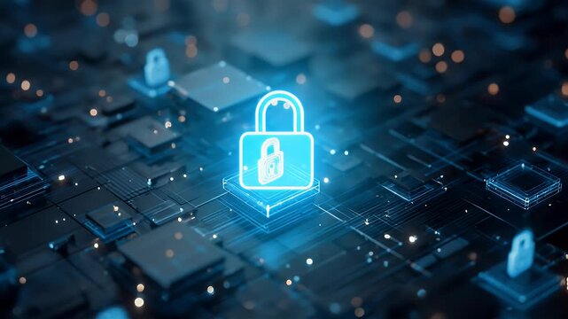 
A digital illustration of a cyber security concept, featuring a padlock and hologram data blocks, 