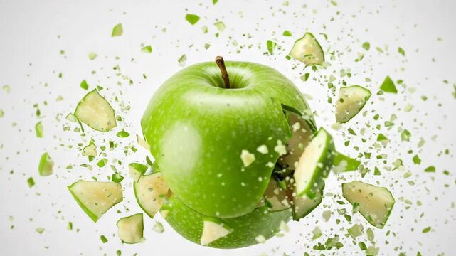Green apple exploding with fragments in dynamic motion