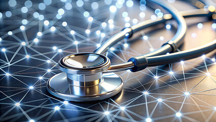 Modern medical stethoscope intertwined with glowing digital network connections representing healthcare technology and innovation
