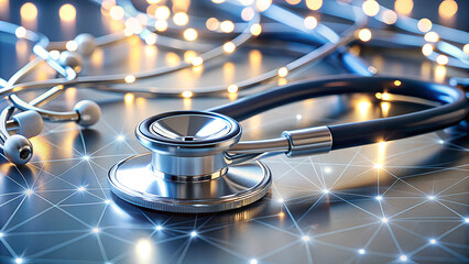 Modern medical stethoscope with glowing digital network and bokeh lights symbolizing healthcare technology and innovation