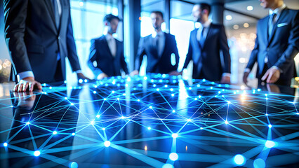 Team of business professionals gathered around a table with a glowing blue digital network overlay representing data and technology