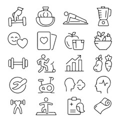 A collection of illustrated elements related to health and well-being. A visually comprehensive set of line drawings focused on promoting fitness and healthy living.