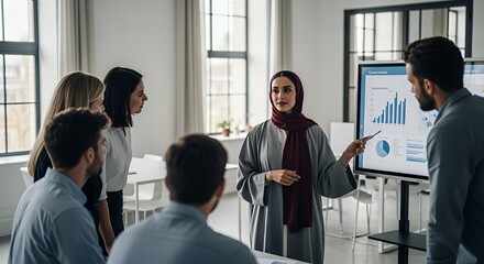 A diverse team listens attentively as a woman in a hijab presents data on a large screen during a business meeting.