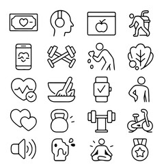 A collection of lifestyle icons in a minimalist design. From heart and exercise to healthy eating and mindfulness, these icons represent various aspects of a well-balanced lifestyle, all in a clean.