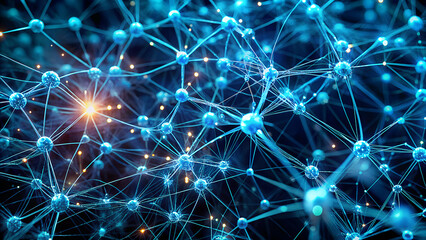 Abstract visualization of a glowing neural network with interconnected nodes and pathways representing artificial intelligence and complex data connections
